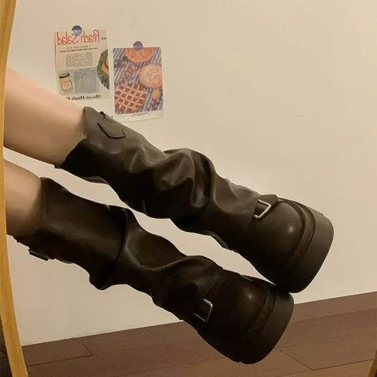 Shoes for Women  Mid-Calf Women's Boots Platform Modern Boots Women Belt Buckle Square Toe Side Zip Square Heel Shoes Female boots_platform