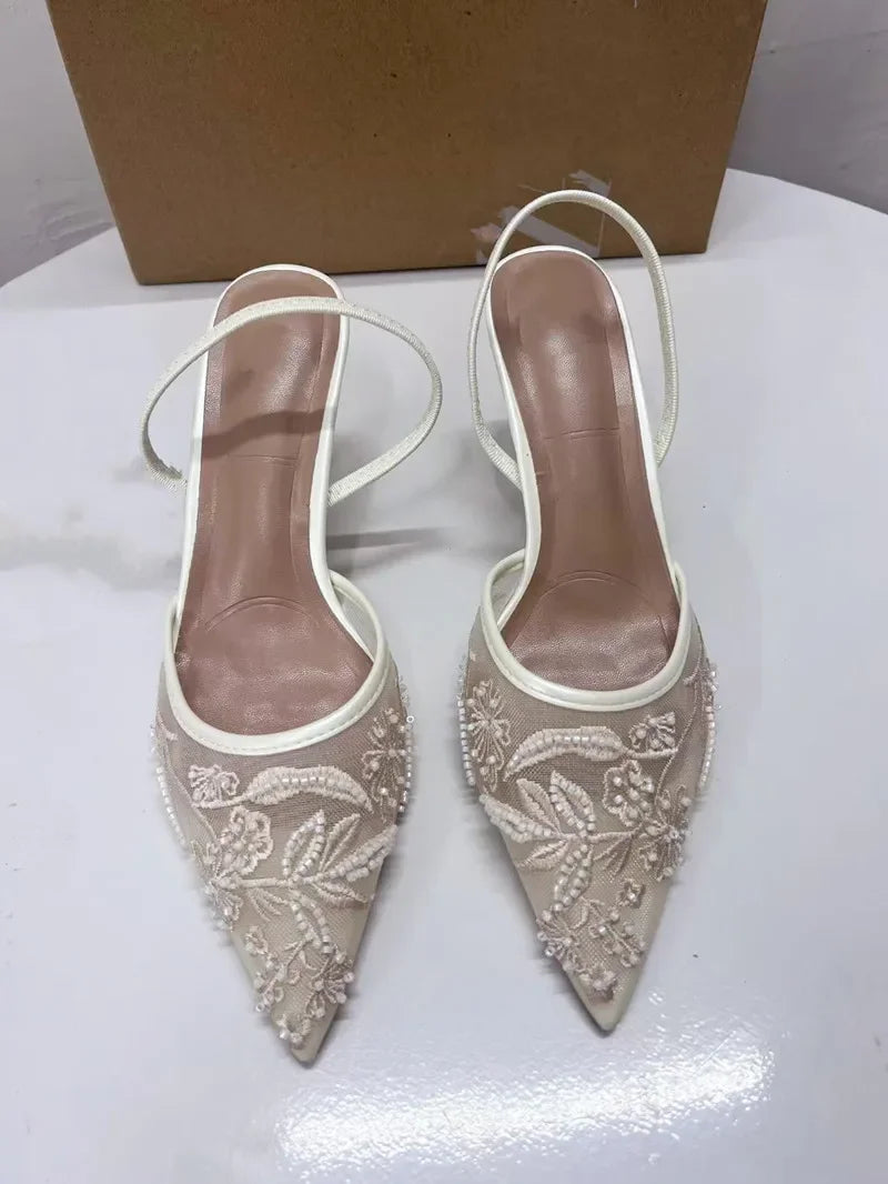 Woman Designer Mesh Open Heel Sandals Shoes Fashion Print Pointed End Women High-heel Pumps Sexy Stiletto Lady Mules heels_stiletto