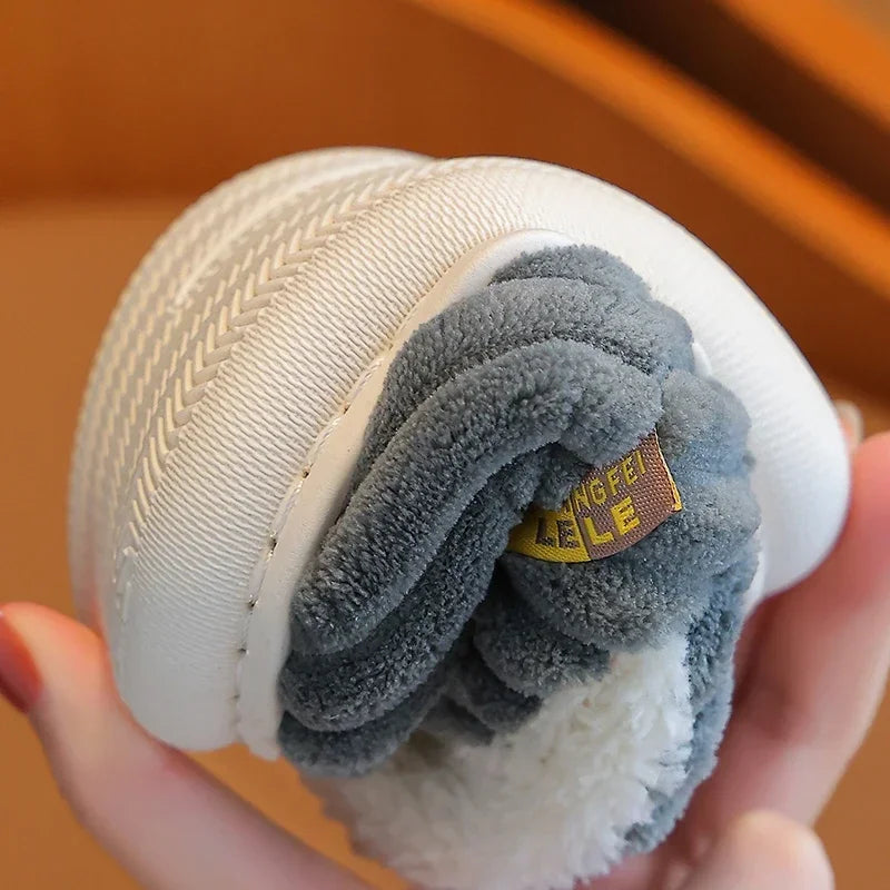 New Winter Concise Stripe Plush Slippers Children's Non-slip Soft Sole Kids Boys Girls Heel Wrap Warm High Home Cotton Shoes kids_shoes