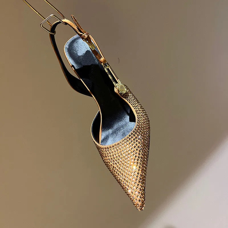 Women Shoes Luxury Rhinestones Sequined Buckle High Heels Elegant Pointed Toe Slingbacks Stiletto Shoes for Women Fashion Shoes heels_stiletto