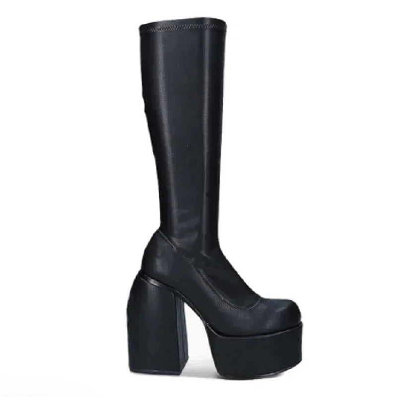 Autumn/Winter Square Headed Thick High Heels Knee-High Elastic Boots for Womens on Platform Black Knight Boot Sexy Party Pumps boots_platform