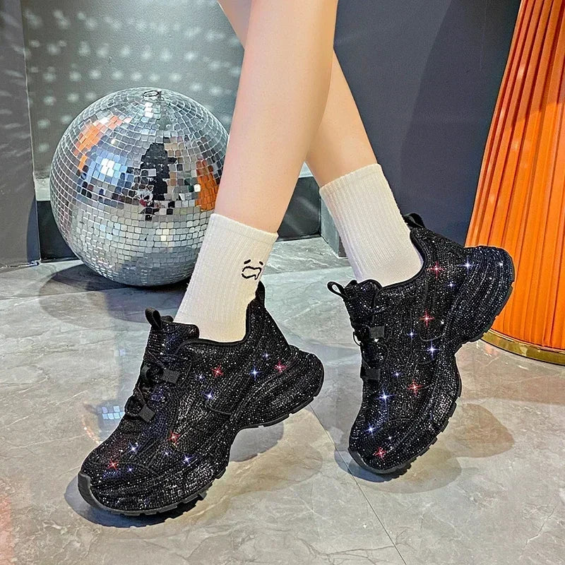 Women Sneakers Spring Lace-Up High Heel Platform Lace Up Silver Crystal Casual Working Shoes Wearing night running shoes outside sneakers_platform
