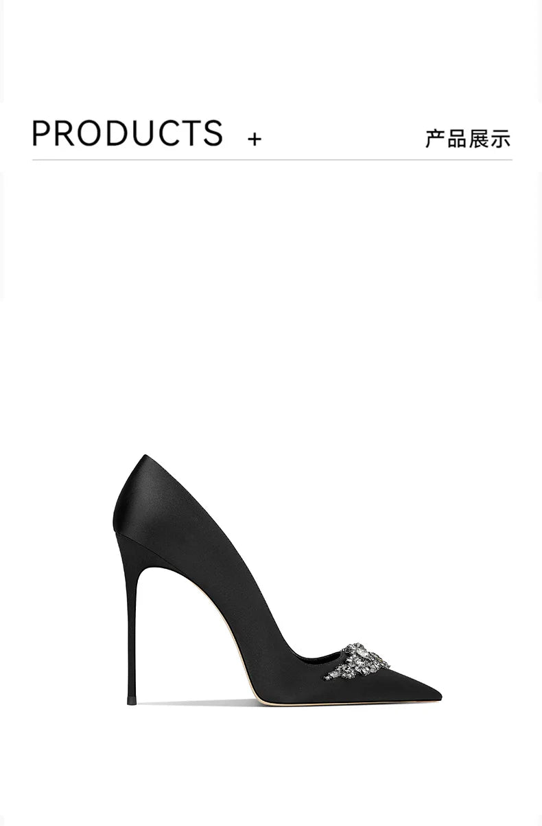 2025 Black Silk High-end Temperament Pointed Head Stiletto High Heels Women heels_stiletto