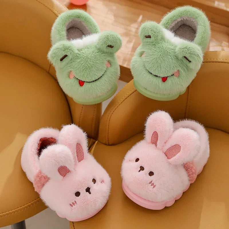 New Children's Cartoon Animals Heel Wrap Plush Slippers Soft Sole Non-slip Winter Warm Baby Boys Girls Indoor Home Cotton Shoes kids_shoes