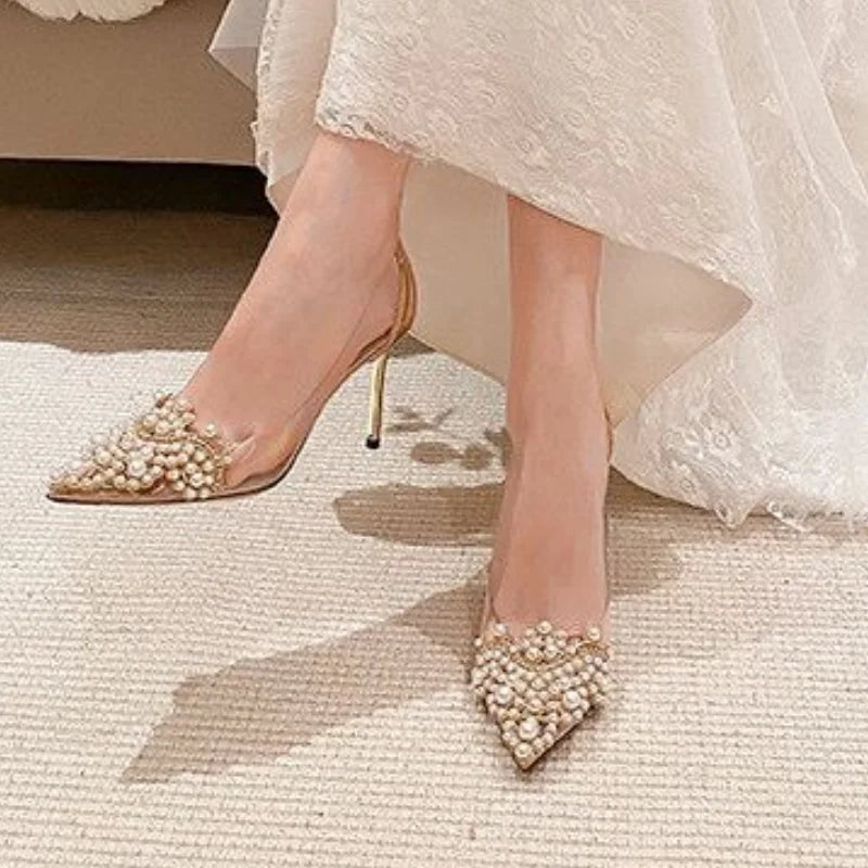Women's Single Shoes Summer New Ultra High Heels Pointed Pearl Transparent Shallow Heels Fashion Temperament Stiletto Sandals heels_bridal