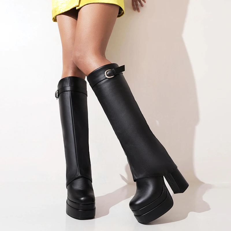 2024 Plus Size Turned-Over Edge Women's Knee-High Boots Warm Plush Inner Super Thick Heel Three-Layer Platform Buckle Shoes boots_platform