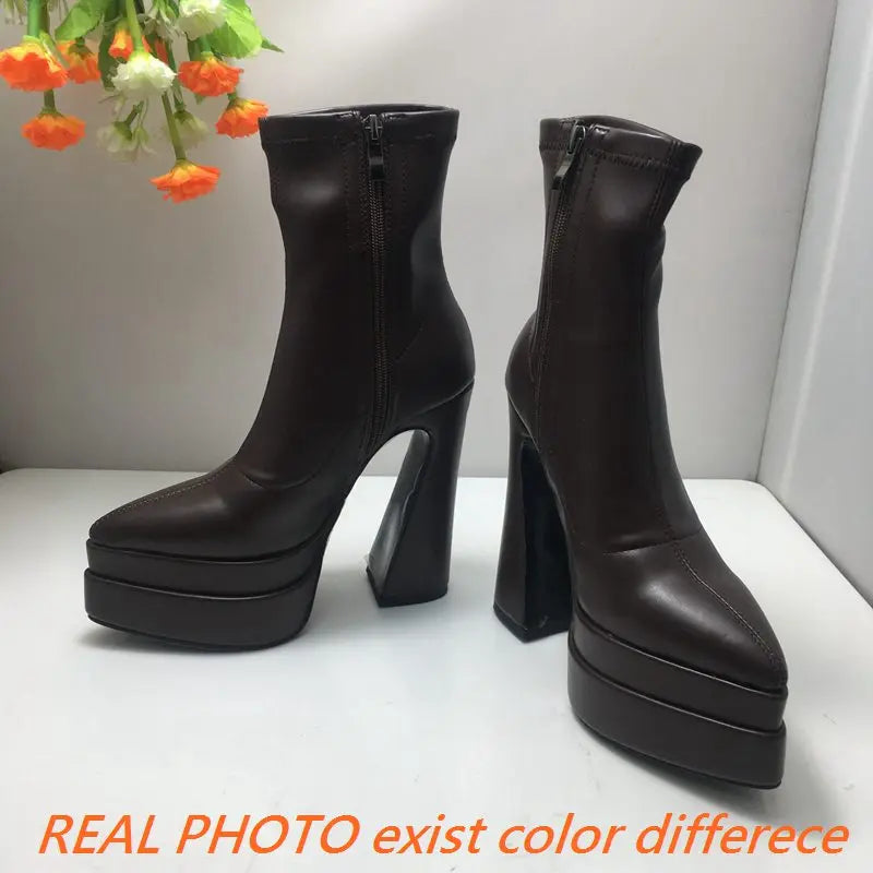 REAVE CAT Ladies Boots 15cm Shaft Stretchy Pointed Toe High Heel 6 inch Platform 5cm Big Size 46 Party boots_platform