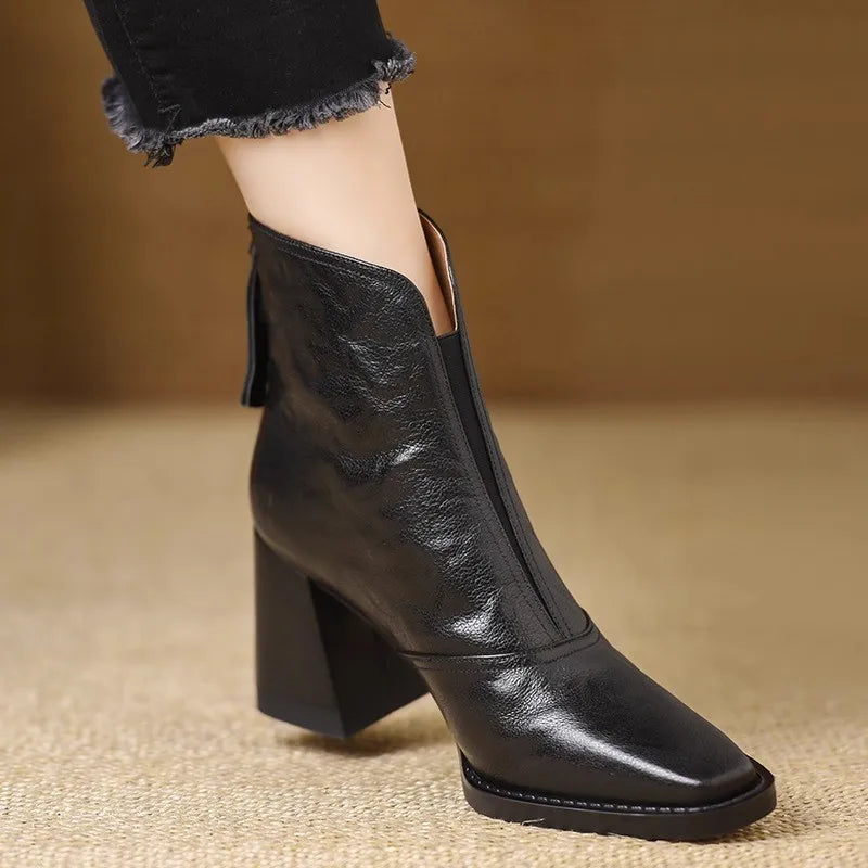 Retro Back Zip High Heel Boots Women's Autumn and Winter New Square Toe 100 Non-slip Wear Block Heel Short Boots boots_highheel