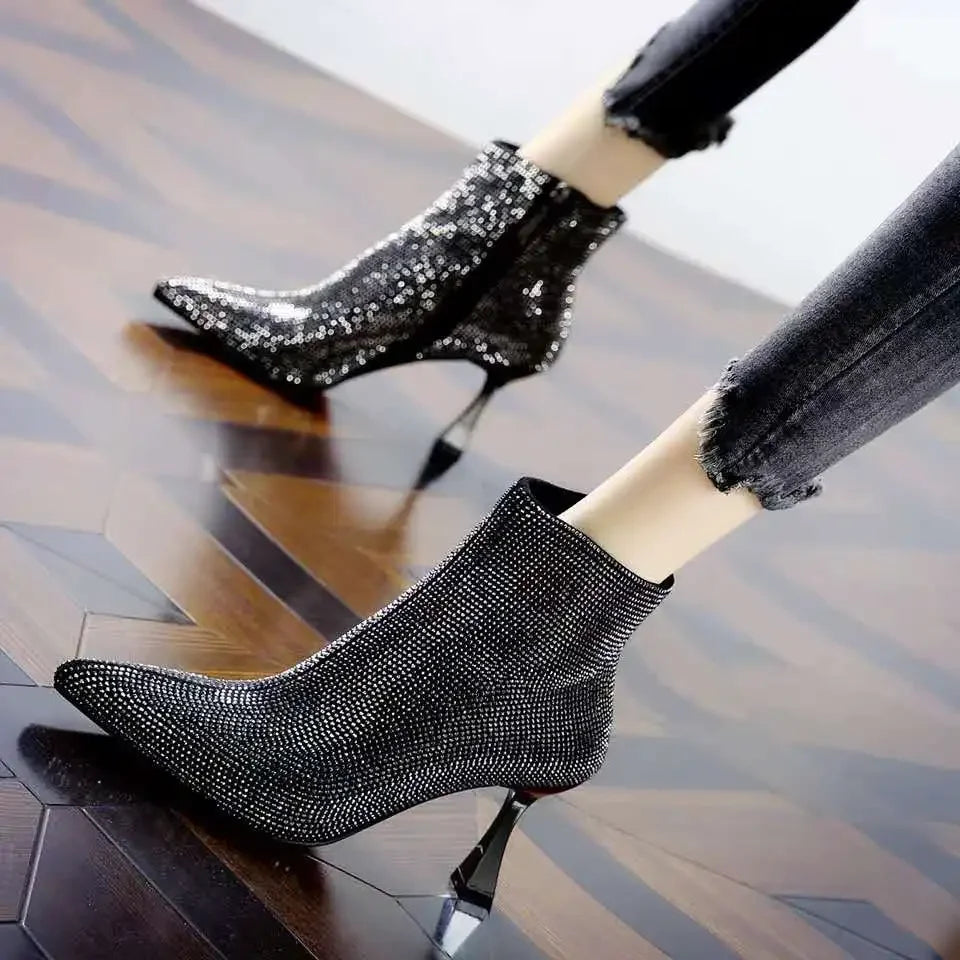 2025 Fashion Women Shiny High Heel Booties Female High-Heeled Boots Young Ladies Booties Heel Cloth Boots Black Botas De Mujer boots_highheel
