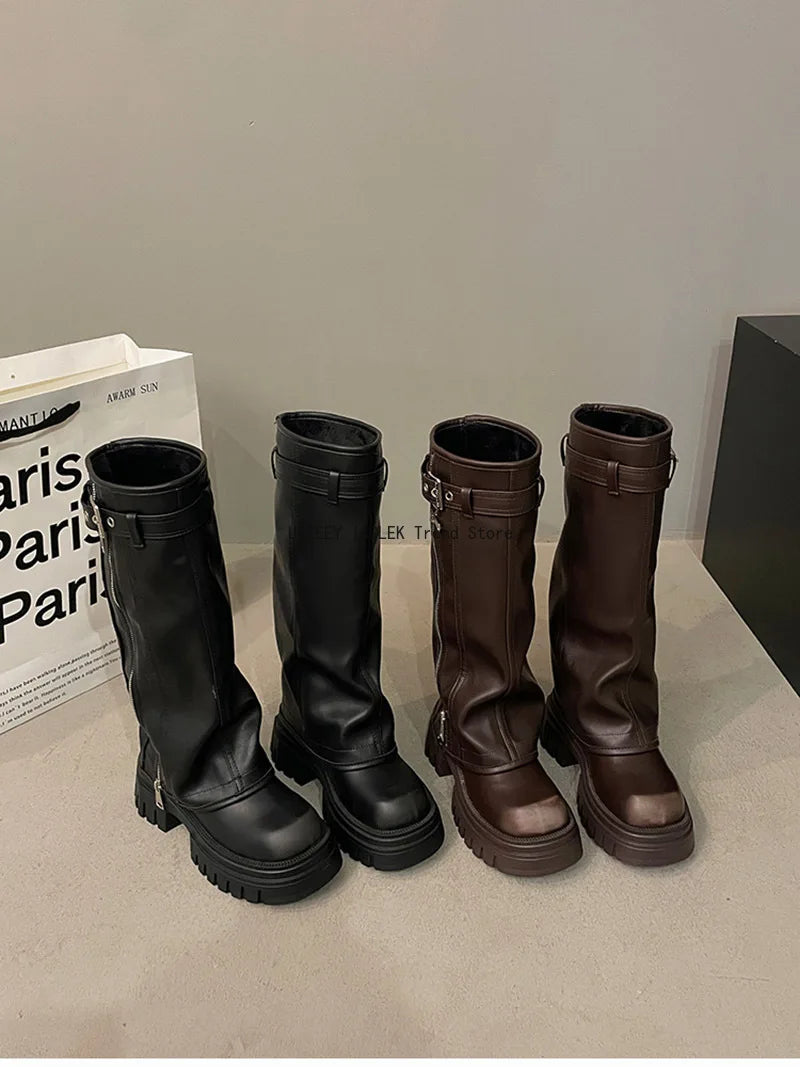 Winter Women Biker Boots Fashion Belt Buckle Ladies Elegant Platform Long Pipe Booties Casual Women's Knee High Booties boots_platform