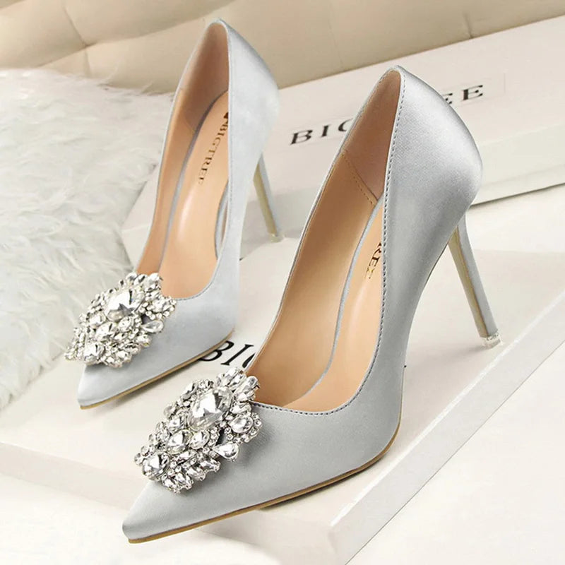 CINESSD Silver Gray Black Women Bridal Wedding Shoes Faux Silk Satin Rhinestone Crystal Shallow Woman Pumps Stiletto High Heel heels_stiletto