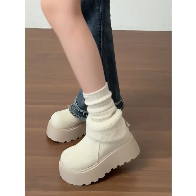 Thick Bottom Warm Anti-Slip Cotton Snow Boots Women's Winter High Heel Fleece Lined Booties Non-Slip Rubber Sole Ankle boots_platform