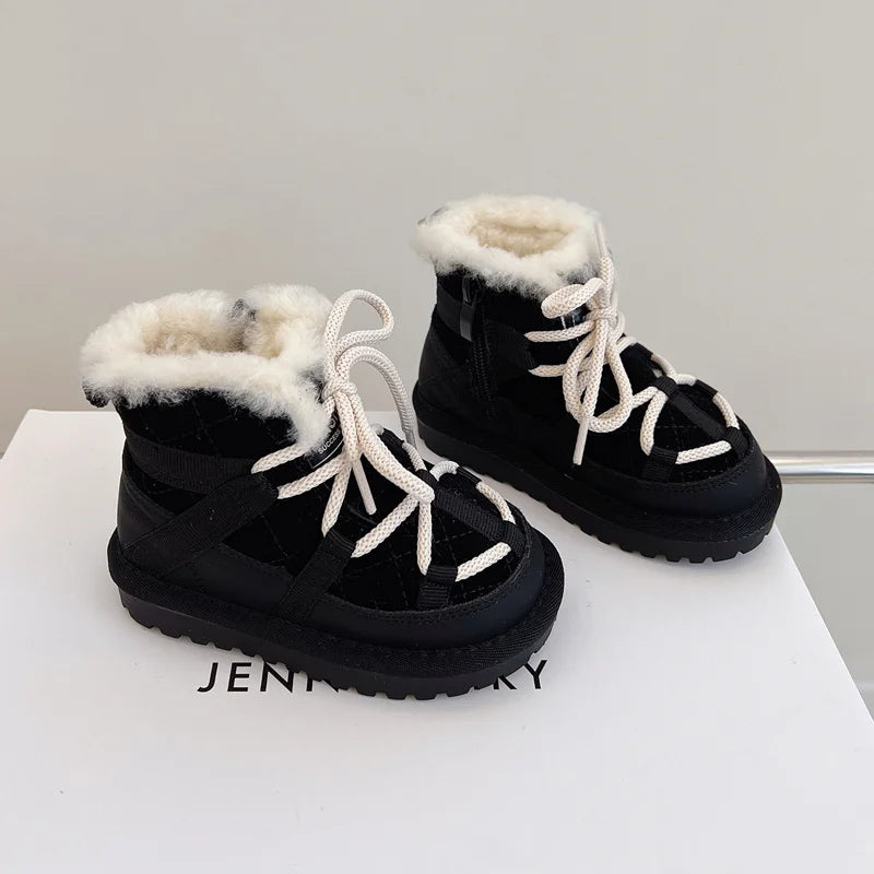 2025 New Winter Children Snow Boots Genuine Leather Warm Plush Toddler Boys Shoes Non-slip Fashion Baby Girls Boots 1-6 Years