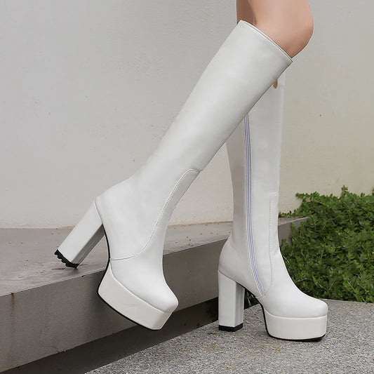 High Waterproof Platform Square Toe Solid Color Side Zipper Women's Knee High Boots Super High Thick Heel Office Boots boots_platform