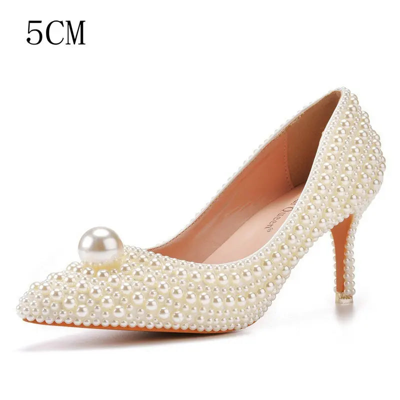 11cm Pearl Wedding Shoes Thin Heel Pointed Single Shoe Large Size Women's Shoes Bride Shoes Dinner Women's Pumps heels_bridal
