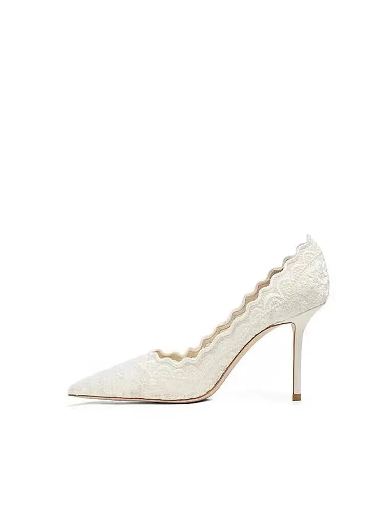 White Wedding Shoes Bridal Shoes Design Sense Niche Lace Pointed Stiletto Heel Shallow French High Heels Female Temperament heels_stiletto