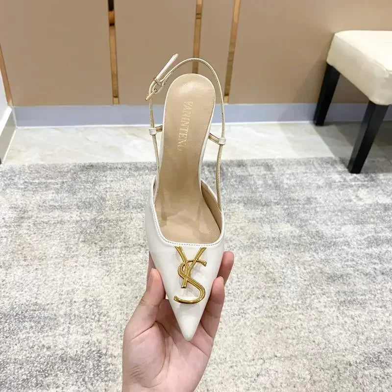 White Elegant Women's Stilettos Summer Fashion Sandals with Metal Buckle Baotou Pointed Back Design 2025 New Ladies' Shoes heels_stiletto