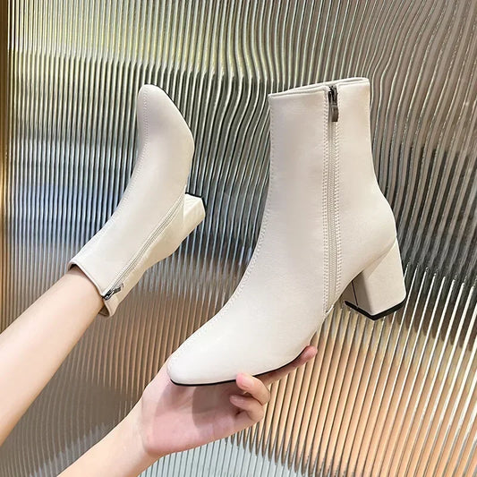 Leather Medium Heeled Short Boots for Women PU Soft Ankle Boots Side Zipper Comfortable Office Women Shoes Square Ladies Boats boots_highheel