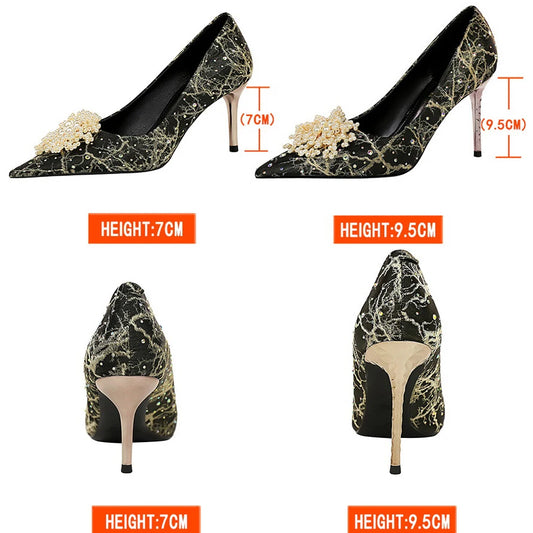 BIGTREE Shoes Pearl Flowers Woman Pumps Rhinestone High Heels 2025 New Luxurious Women Heels Stiletto Large Size Ladies Pumps heels_stiletto