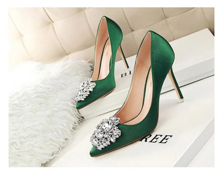 CINESSD Silver Gray Black Women Bridal Wedding Shoes Faux Silk Satin Rhinestone Crystal Shallow Woman Pumps Stiletto High Heel heels_stiletto