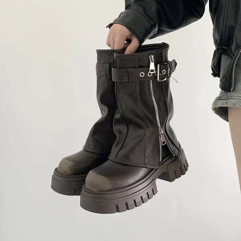 Winter Women Biker Boots Fashion Belt Buckle Ladies Elegant Platform Long Pipe Booties Casual Women's Knee High Booties2025 boots_platform