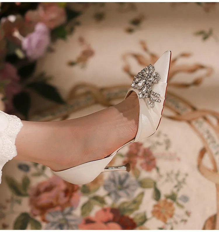 2025 Autumn New White French High Heels Pointy Rhine-Diamond Thin Heel Not Tired Foot Single Shoes Wedding Shoes heels_bridal