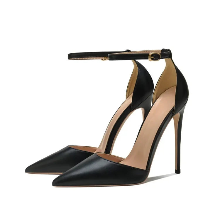Ankle Strap Women D'Orsay Pointed Toe Stiletto Pumps Ladies Solid Dress High Heel Shoes 12cm 10cm 8cm Black White heels_stiletto