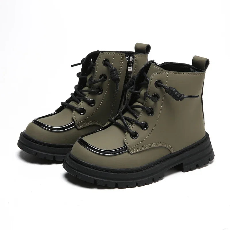 New Children Boots  soft leather Handsome Lace-up Trendy Kids Short Boot Matte PU Leather Anti-slip Unisex Boys Girls Shoes kids_shoes