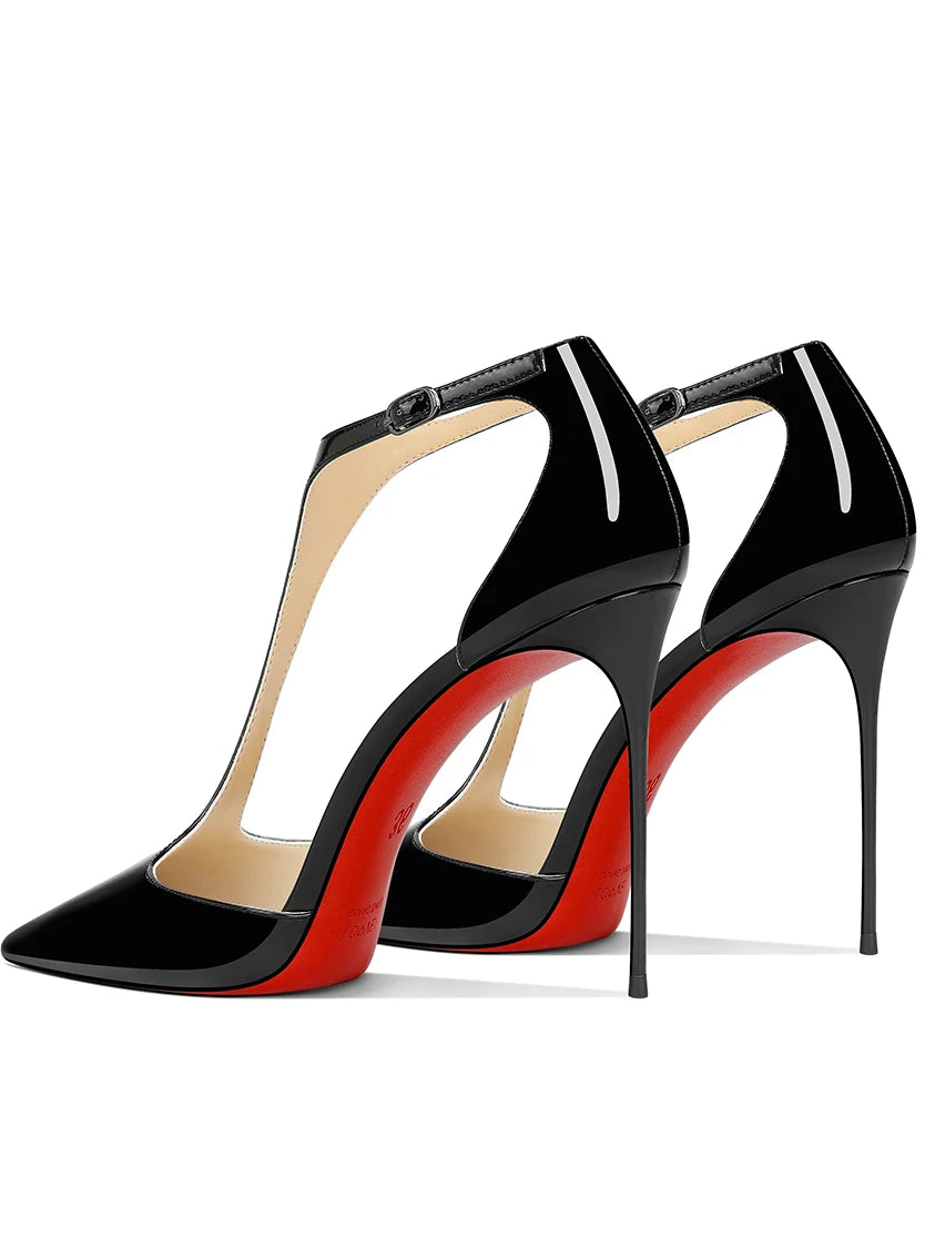 New pointed shallow mouth patent leather T-shaped buckle strap single shoe with feminine temperament, slim heel high heels heels_stiletto