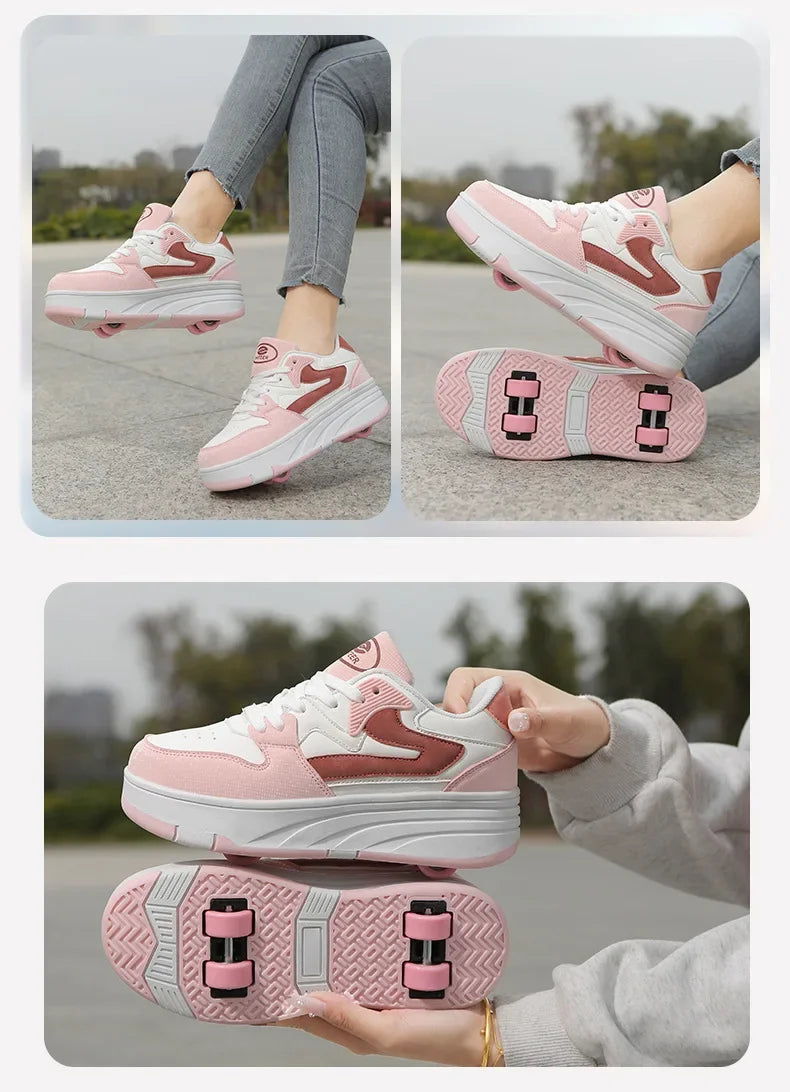 New Four Wheels Women & Girls PU Leather Children Roller Shoes Fashion Boys Sneakers Breathable Kids Skates Size 30-40 kids_shoes