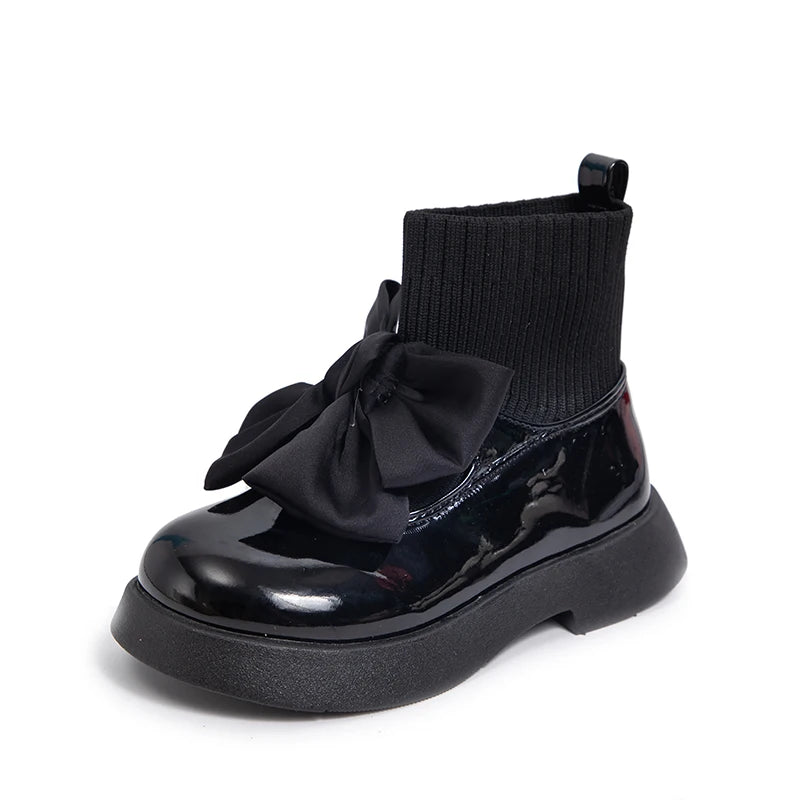 Girls Black Non-slip Kids Fashion Bow Elegant 2026 Glossy UK Uniform Child School Shoes Simple Casual 2026 Sock Boots Breathable kids_shoes