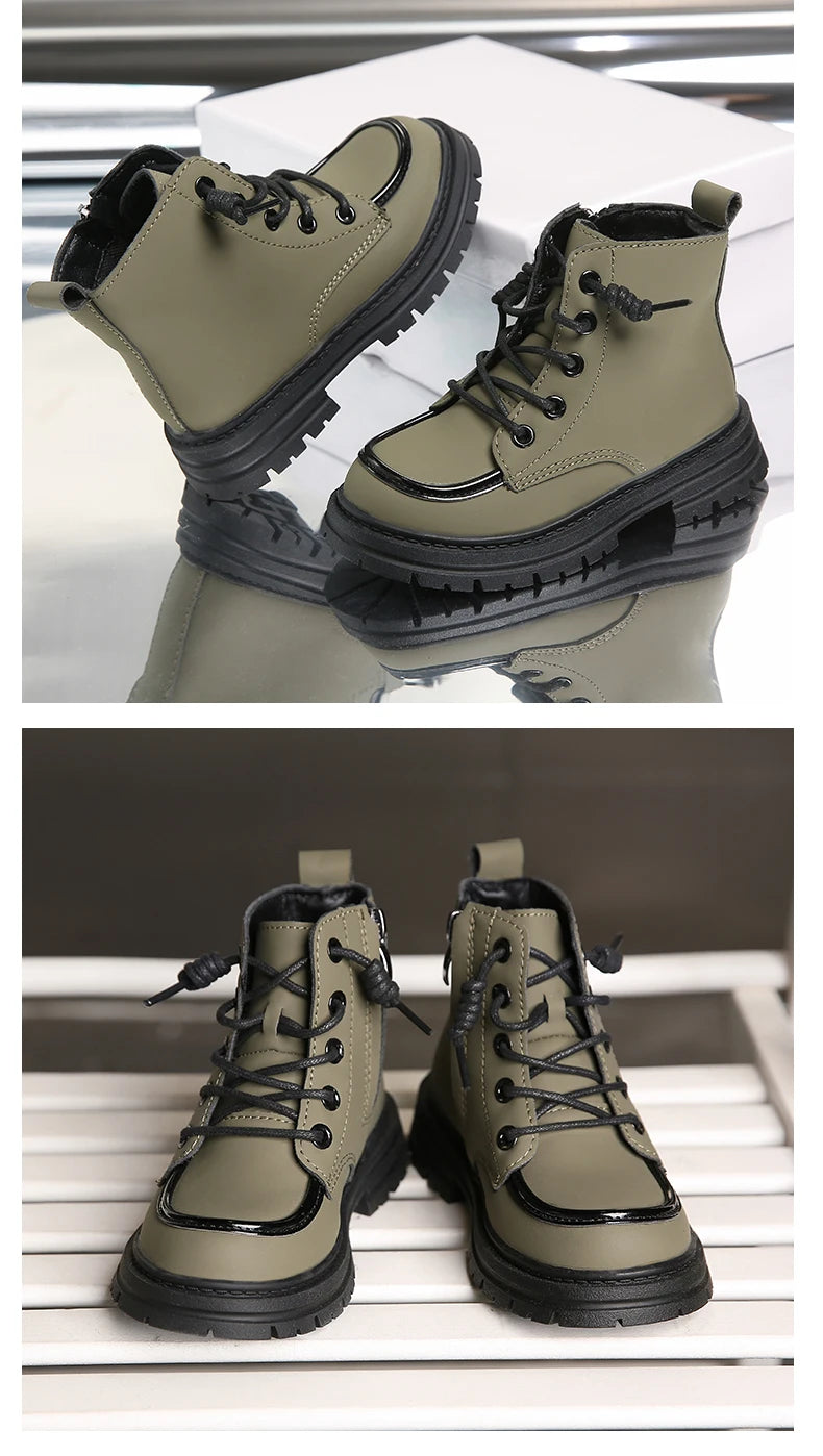 New Children Boots  soft leather Handsome Lace-up Trendy Kids Short Boot Matte PU Leather Anti-slip Unisex Boys Girls Shoes kids_shoes