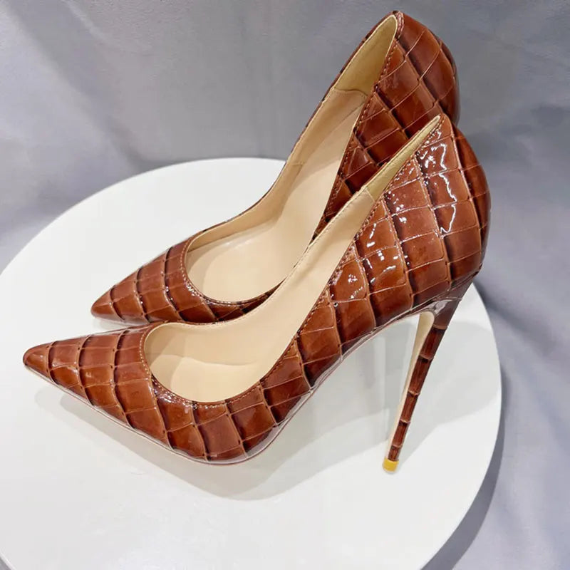 Tikicup Brown Crocodile Effect Women Sexy Pointy Toe High Heel Shoes Plus Size 33-46 Slip On Stiletto Pumps for Evening Dress heels_stiletto