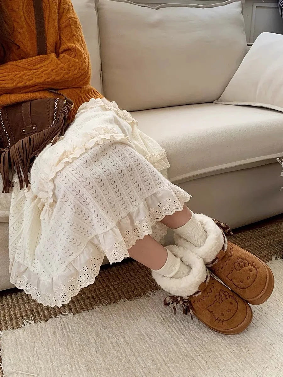 Sanrio Hello Kitty Snow Boots Anime Sanrio Women Y2k Snow Boots Cute Warm Cotton Shoes Kawaii Winter Non Slip Short Boot Gift kids_shoes