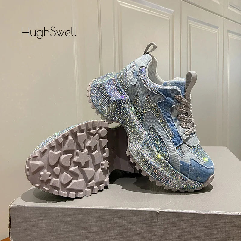 Rhinestone Cover Thick Sole Denim Canvas Sneaker Woman Bling Rivet Chunky Daddy Shoe Ladies Luxury Brand Design Crystal Zapatos sneakers_platformis sneakers_luxury
