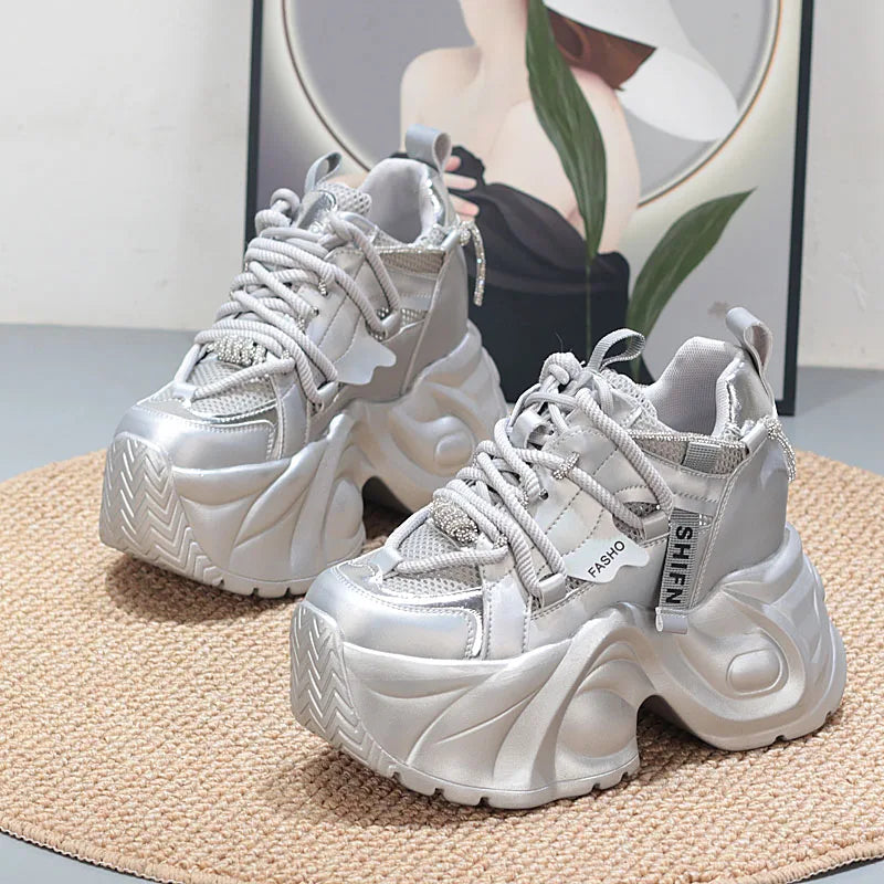 12CM Genuine Leather Flats Lace Up Fashion Women Spring Autumn Platform Wedge Flats Shoes Chunky Sneaker Vulcanize sneakers_platform