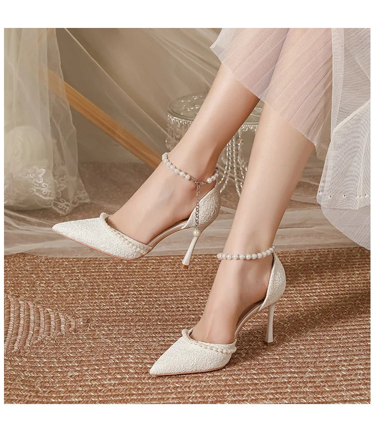 Size 30-44 Pearls Strap High Heels Lace Women White Wedding Shoes Stiletto Heel Point Toe Bride Bridesmaid heels_bridal