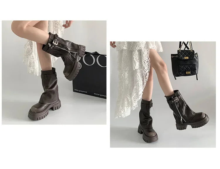 Winter Women Biker Boots Fashion Belt Buckle Ladies Elegant Platform Long Pipe Booties Casual Women's Knee High Booties2025 boots_platform