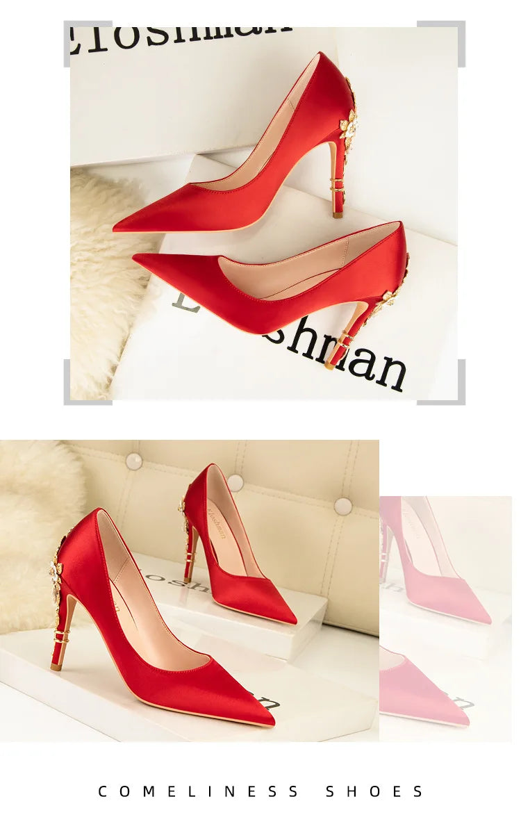 2025 New Metal Flower Women Pumps Designer Shoes High Heels Women Satin Stiletto Heels 10 Cm Sexy Wedding Shoes Plus Size 41 heels_stiletto