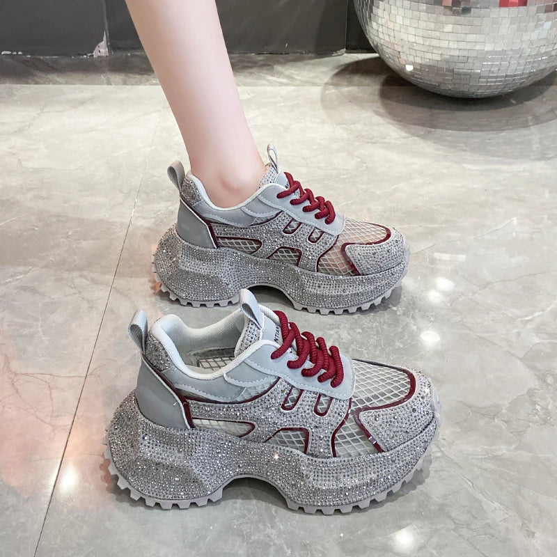 Luxury Designer Women's Shoes New Rhinestone Women's Sneakers Breathable Hollow Mesh Casual Platform Shoes Zapatos Mujer 7 cm sneakers_platform sneakers_luxury