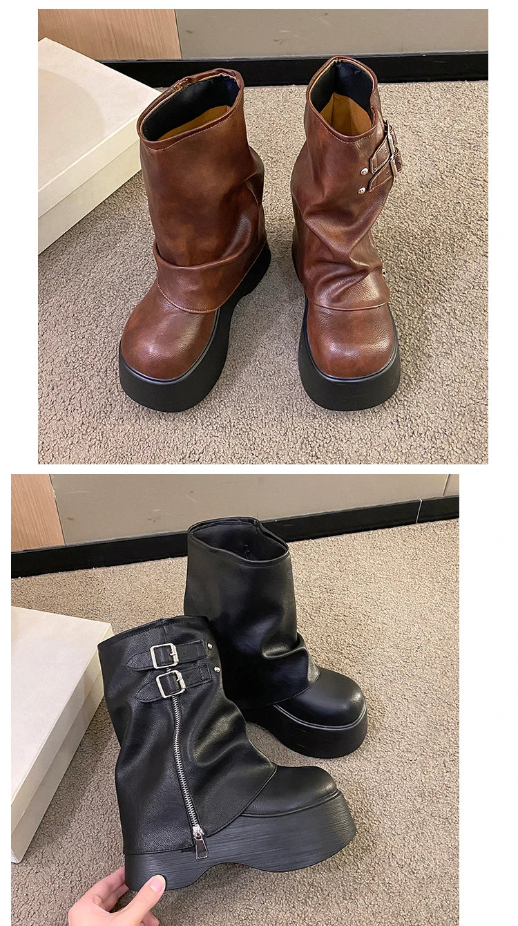 Soft Leather Ankle Mid Calf Boots Winter Autumn High Platform Wedge British Booties Woman New Ladies Chunky Motorcycle Boots 9CM boots_platform
