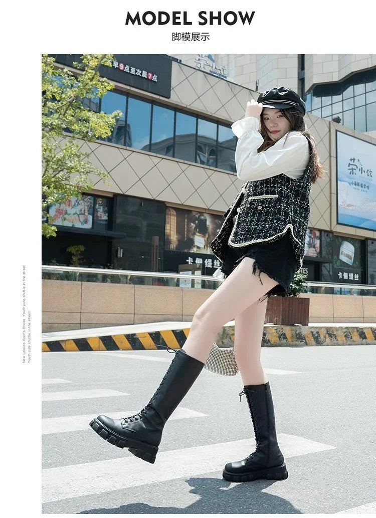 Women's Mid Calf Boots Padded Shoes Knee High Winter Sneakers Punk Style Military Casual White Black 2024 Lucury Platform Woman boots_platform