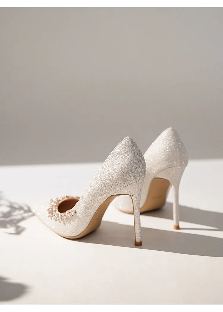 2025 New French Stiletto Heels Pointy Head Shallow Mouth Shoes Rhinodiamond-Edged Korean Version White Crystal Wedding Pumps heels_stiletto