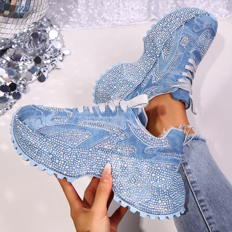 Luxury Rhinestone Chunky Sneakers for Women Fashion Purple Denim Platform Sports Shoes Woman Non Slip Thick Sole Vulcanize Shoes sneakers_platform