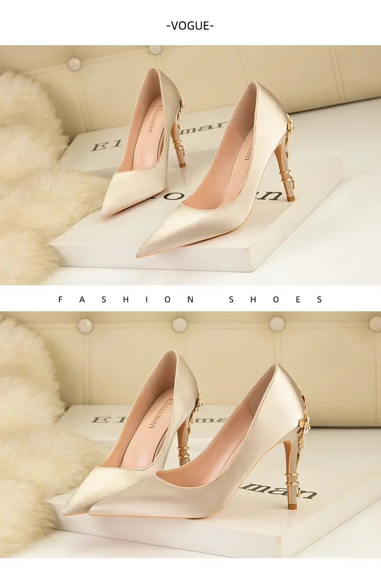 Women's Metal Flowers Stiletto High-heel Shoes Female  Light Luxury Sexy Fashion Wedding Shoes Pointed Toe Satin Single Shoes heels_stiletto