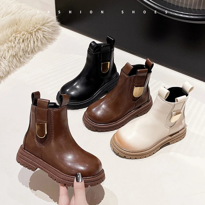 Children Leather Boots Round Toes Versatile Kids Short Boots Korean Style 2025 Autumn New Girls Ankle Boots Soft Bottom Non-slip