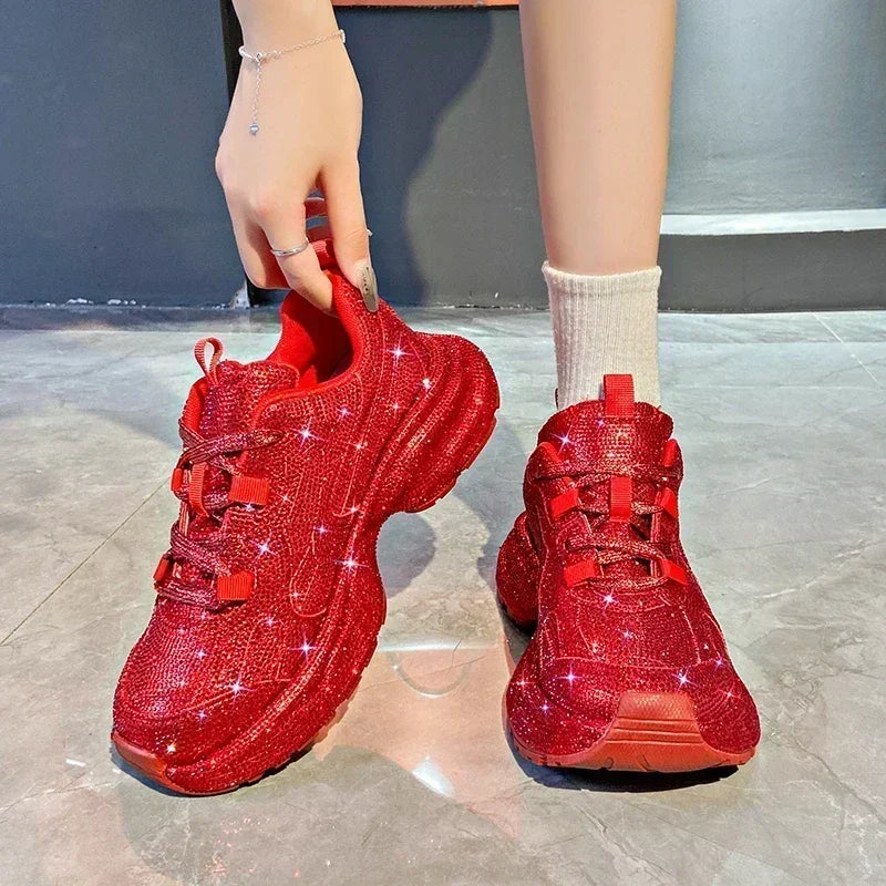 Women Sneakers Spring Lace-Up High Heel Platform Lace Up Silver Crystal Casual Working Shoes Wearing night running shoes outside sneakers_platform