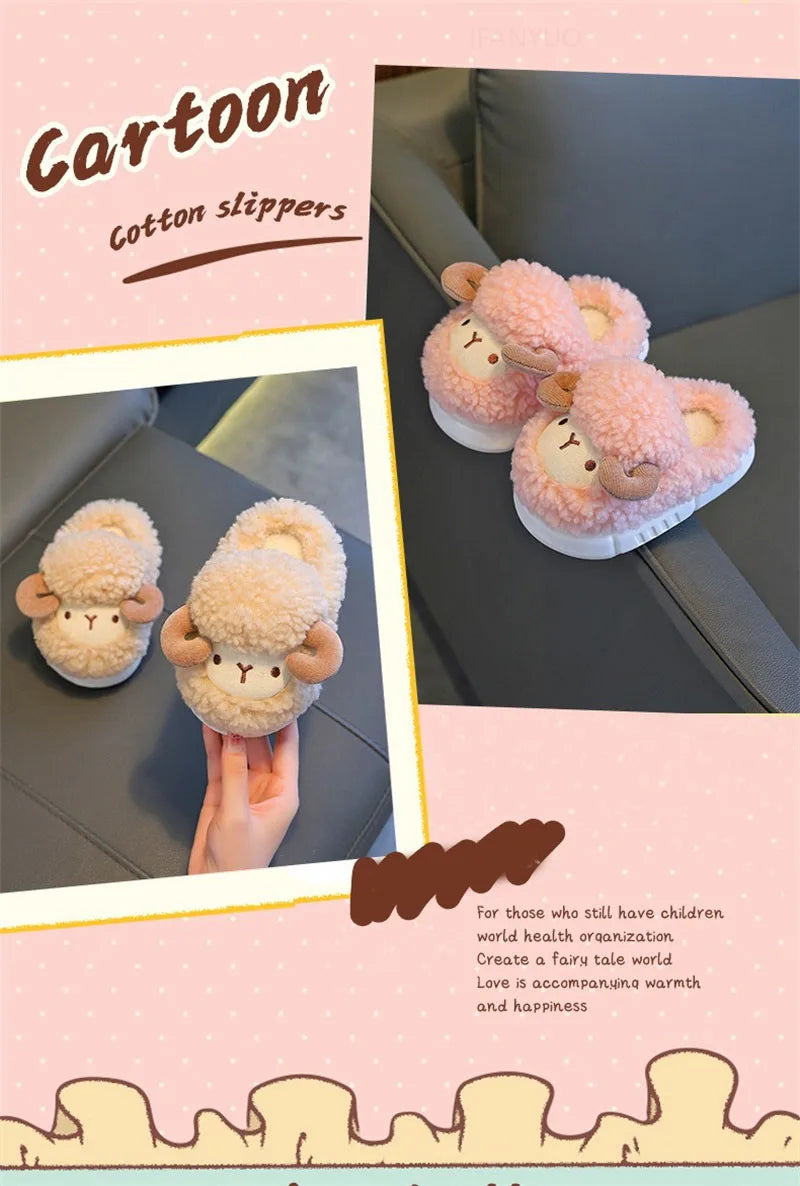 Winter Children Cotton Slippers Boys Girls Warm Anti Slip Home Slipper Fashion Cute Cartoon Alpaca Kids Parent-Child Plush Shoes kids_shoes