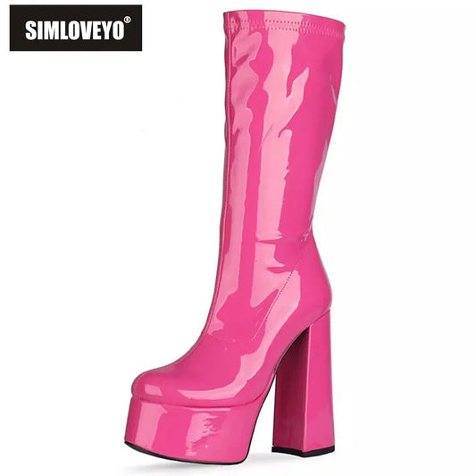 SIMLOVEYO Brand Platform Block High Heels Patent Leather Mid Calf Boots Color Big Size 43 boots_platform