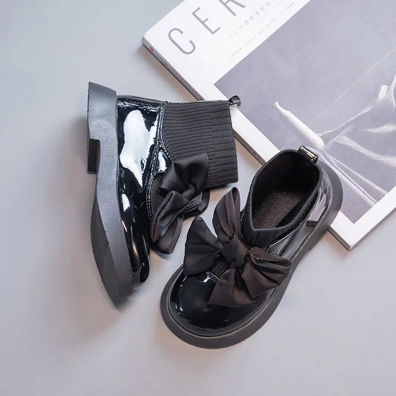 Girls Black Non-slip Kids Fashion Bow Elegant 2026 Glossy UK Uniform Child School Shoes Simple Casual 2026 Sock Boots Breathable kids_shoes